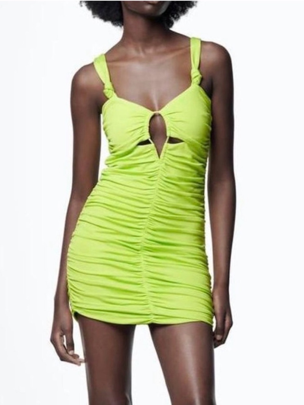 Zara Lime Green Ruched Dress with Keyhole